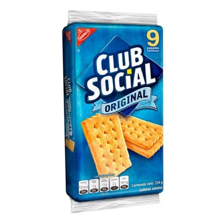 Galletas Club Social, con ligero sabor a mantequilla y ligeramente saladas, crocantes y con un sabor delicioso. 9 Paquetes individuales de 26 gr (0.9oz) cada uno, ideales para compartir.  Fabricado por NABISCO  Ingredientes: Harina de Trigo Fortificada (Hierro, Niacina, Zinc, Tiamina, Riboflavina y Ácido Fólico), Aceite Vegetal (Palma), Azúcar, Sal, Fosfato Monocálcico, Bicarbonato de Sodio, Bicarbonato de Amonio, Enzimas Proteolíticas y Ácido Cítrico.